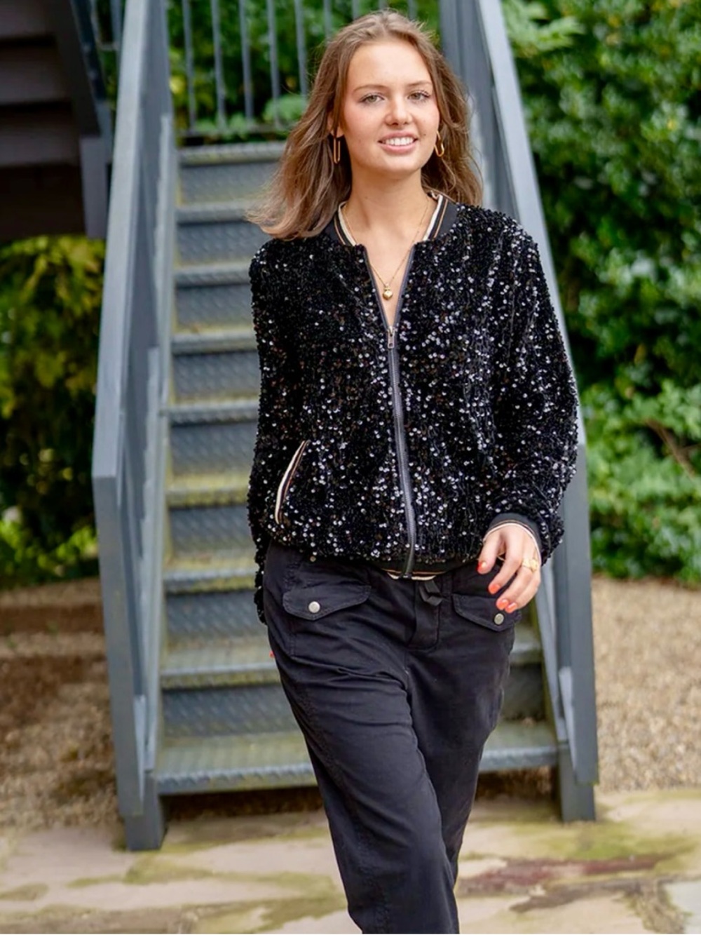 Black Sequin Matilda Bomber Jacket by Emma Ella PARIS Black NWT - S